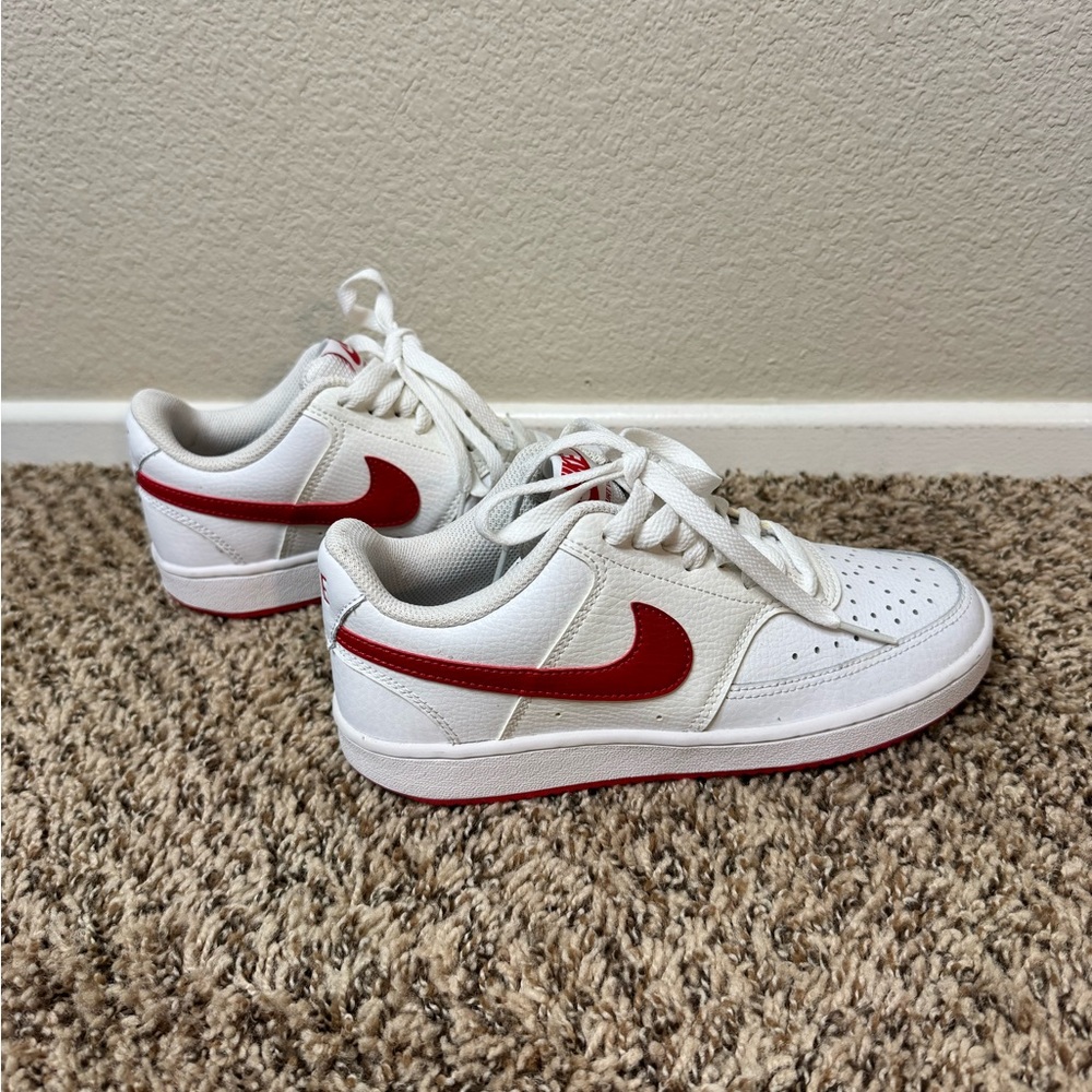White and Red Nike Court Vision Lows Athletic Sneakers